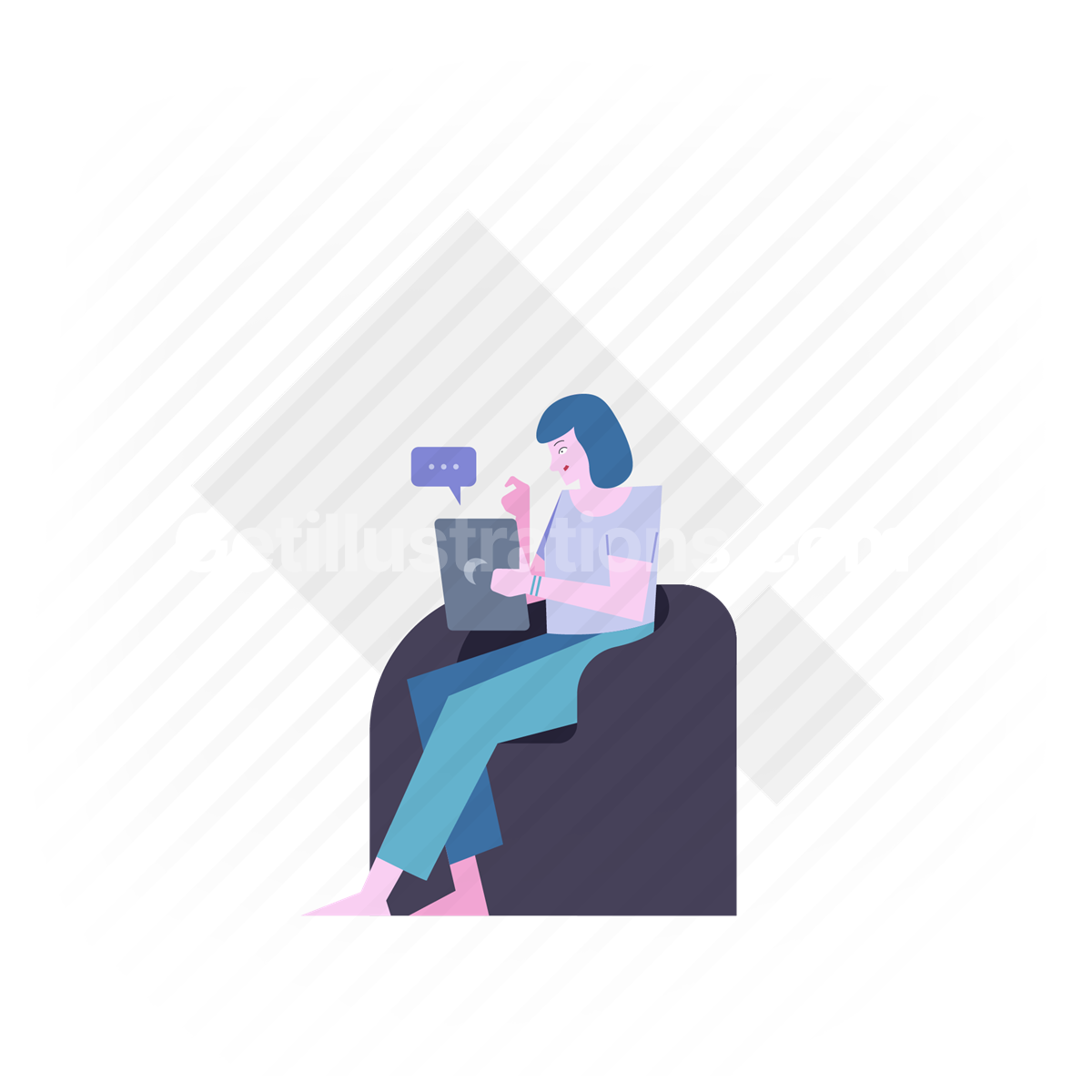 woman, armchair, chair, tablet, message